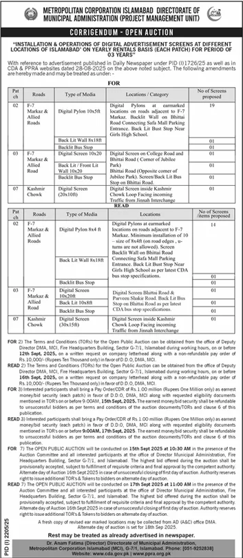 Metropolitan Corporation Islamabad Tender Notice
